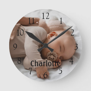 Horloge Ronde Nom personnalisé Photo Grandes Chiffres Noirs