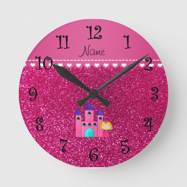 Horloge Ronde Nom personnalisé princesse château neon rose chaud (Recto)