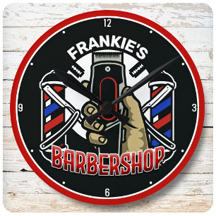 Horloge Ronde Nom personnalisé Retro Barber Shop Pole Barbier