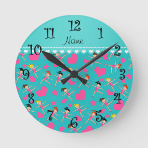 Horloge Ronde Nom personnalisé turquoise fille gymnaste coeur ét