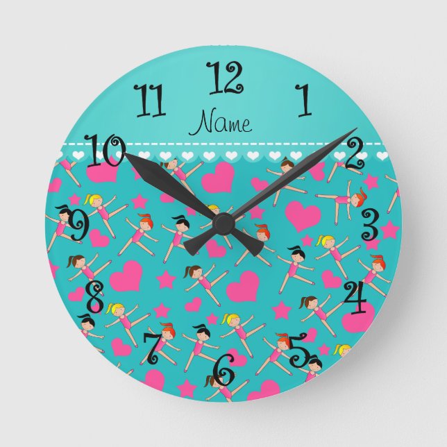 Horloge Ronde Nom personnalisé turquoise fille gymnaste coeur ét (Recto)