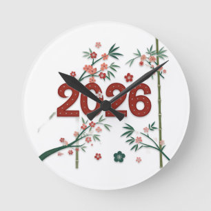 Horloge Ronde Nombres de bambou 2026 avec fleurs de cerisier