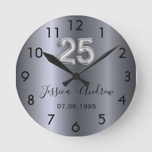 Horloge Ronde noms en argent pour 25e anniversaire de mariage