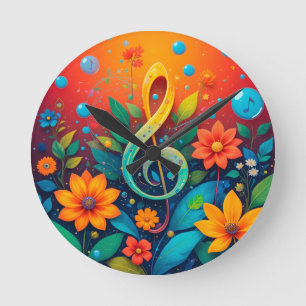 Horloge Ronde Note Musicale Artistique Entourée De Flowe Coloré