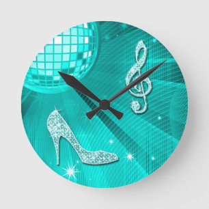 Horloge Ronde Note turquoise scintillante de musique et talon