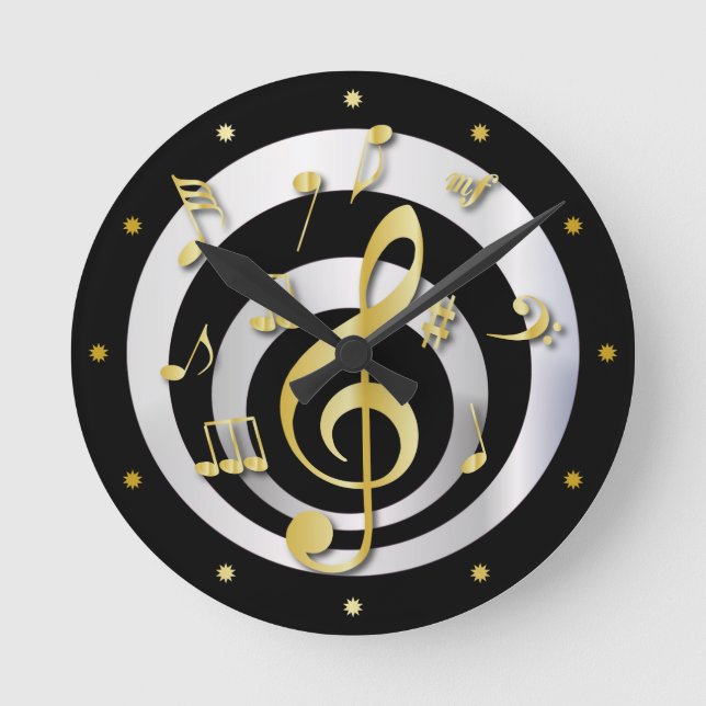 Horloge Ronde Notes musicales d'or et d'argent de l'effet 3D rét (Recto)