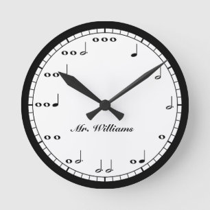 Horloge Ronde Notes musicales en noir et blanc personnalisées H
