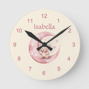 Horloge Ronde Nounours en peluche mignon sur une lune rose