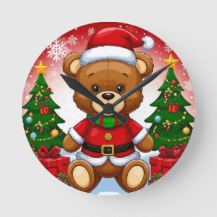 Horloge Ronde Nounours Teddy Bear en tenue de Père Noël