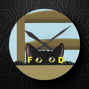 Horloge Ronde Nourriture pour chat noir humour drôle chat affamé