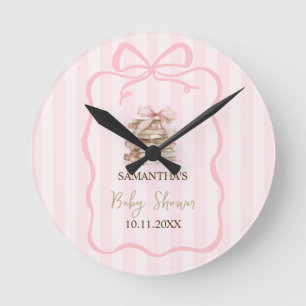 Horloge Ronde Nouveau chapitre Baby Shower ruban rose rayé