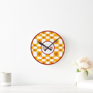 Horloge Ronde Nouveau-Mexique Zia Jaune Rouge Blanc Carrés