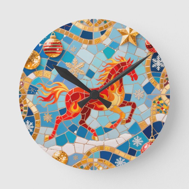 Horloge Ronde Nouvel An 2026 Motif de Noël du Cheval Rouge Fiery (Recto)