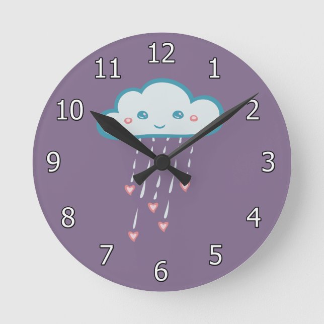 Horloge Ronde Nuage de pluie bleu heureux pleuvant les coeurs (Recto)