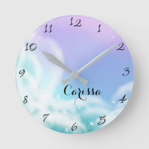 Horloge Ronde Nuages scintillants rose violet fantaisistes Chamb