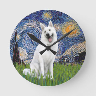 Horloge Ronde Nuit étoilée - Berger allemand blanc