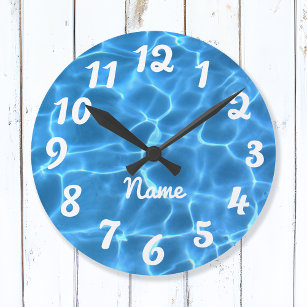 Horloge Ronde Numéro blanc personnalisé Aqua Bleu Piscine