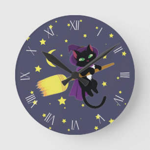 Horloge Ronde Numéros romains de chats de sorcière volants