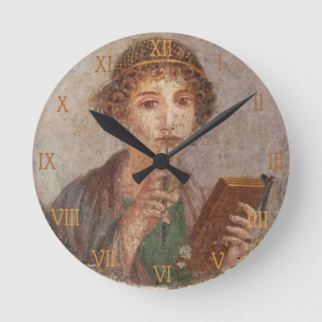 Horloge Ronde Numéros romains Pompéi Art Sappho Girl avec Stylus (Recto)