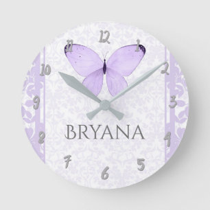 Horloge Ronde Nurserie Papillon Lavande Personnalisée