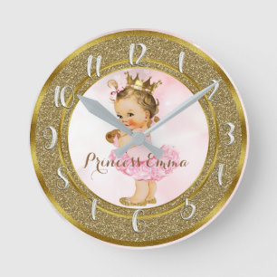 Horloge Ronde Nurserie personnalisée rose et or pour bébé fille 