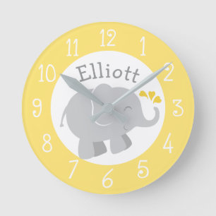 Horloge Ronde Nursery éléphant moderne jaune et gris