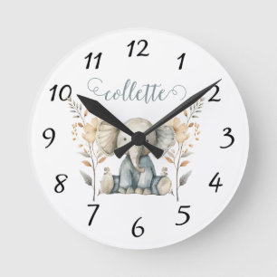 Horloge Ronde Nursery Eléphant pour bébé personnalisé