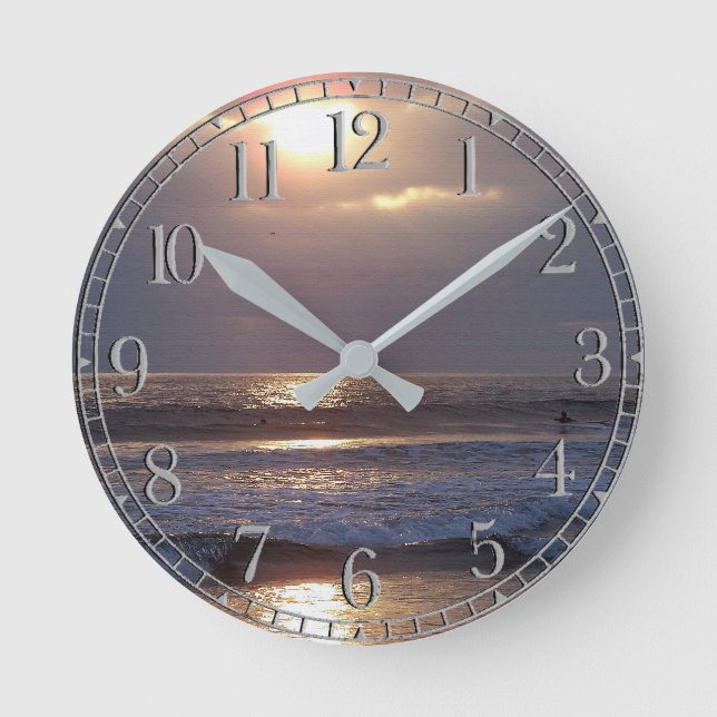 Horloge Ronde Ocean Beach Waves Surfer Sunset Wall Clock (Recto)