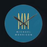 Horloge Ronde Ocean Blue Gold Monogramme Lettres initiales Nom<br><div class="desc">Représenter ce design moderne et élégant. Ce modèle peut être customisé pour répondre à tous les métiers professionnels.</div>