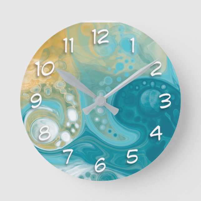 Horloge Ronde Ocean Blue Waves et Sandy Brown Fluid Art (Recto)