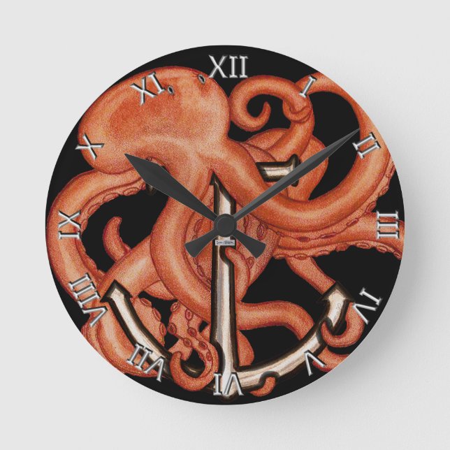 Horloge Ronde Octopus orange sur l'Ancre (Recto)