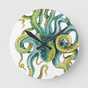 Horloge Ronde Octopus Vert aquarelle Art