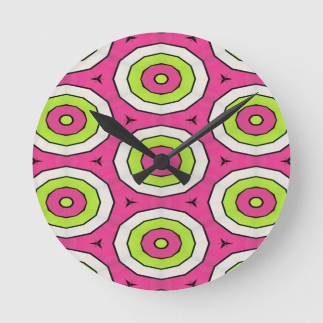 Horloge Ronde Oeil de taureau rose chaud, vert citron et blanc (Recto)