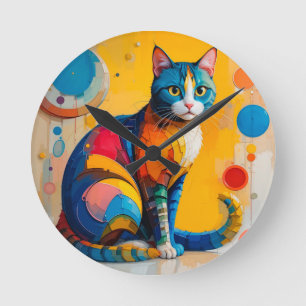 Horloge Ronde Œuvre d'art abstraite colorée de chat