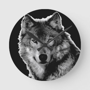 Horloge Ronde Oeuvre de Loup noir et blanc