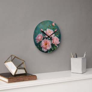 Horloge Ronde Œuvres d'art sur pivoines roses sur fond vert émer