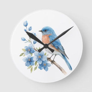 Horloge Ronde Oiseau bleu avec des fleurs bleues
