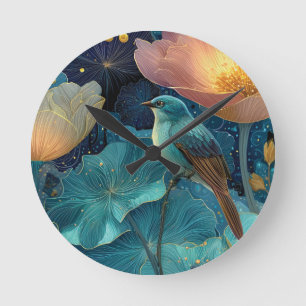 Horloge Ronde Oiseau bleu perché parmi des fleurs lumineuses