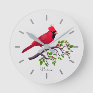 Horloge Ronde Oiseau cardinal rouge sur branche d'arbre