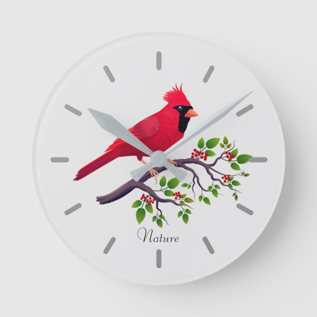 Horloge Ronde Oiseau cardinal rouge sur branche d'arbre (Recto)