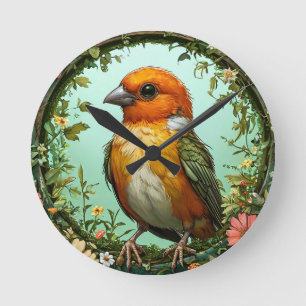 Horloge Ronde Oiseau coloré avec cadre floral