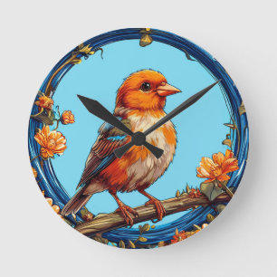 Horloge Ronde Oiseau coloré avec cadre floral