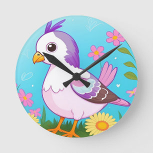 Horloge Ronde Oiseau coloré sur une branche encadré de fleurs