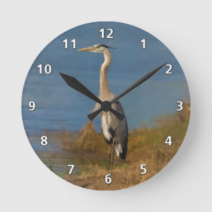 Horloge Ronde Oiseau de héron de grand bleu à l'étang