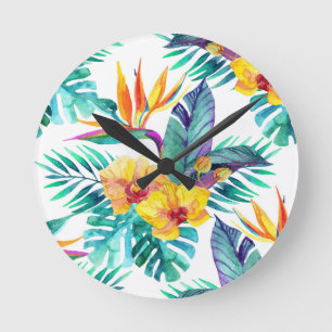 Horloge Ronde Oiseau du paradis et du motif d'orchidée