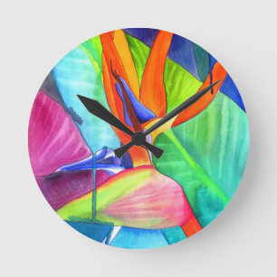 Horloge Ronde Oiseau du Paradis Strelitzia fleur art tropical