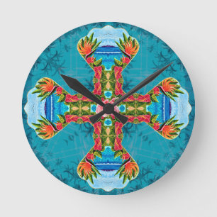 Horloge Ronde Oiseau hawaïen de Paradise Cross (bleu)