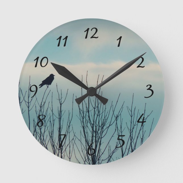 Horloge Ronde Oiseau Noir Et Nuages (Recto)