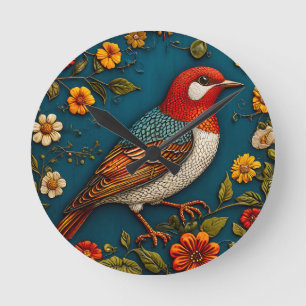Horloge Ronde Oiseau perché parmi des fleurs colorées