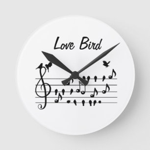 Horloge Ronde Oiseaux Amoureux Chanteurs sur Partition de Musiqu